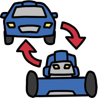 red arrows pointing between a blue car and a blue and grey mech. the car is above the mech.